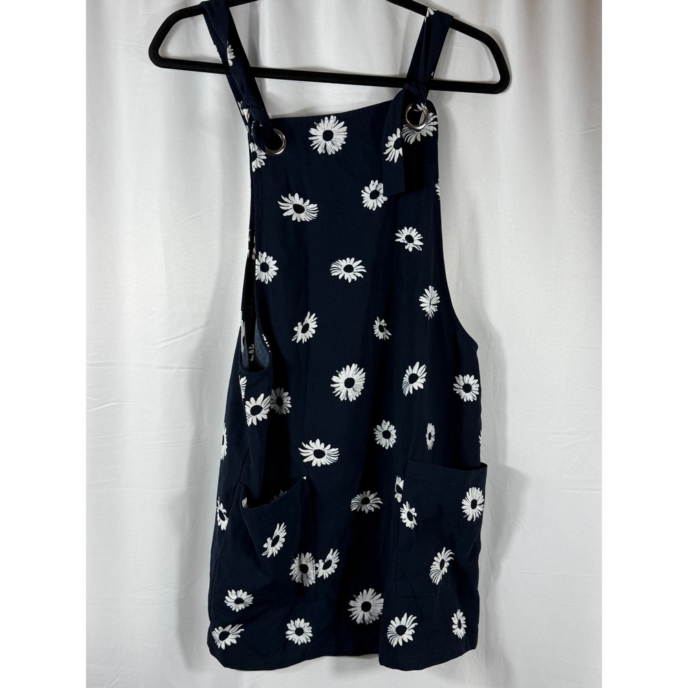 Mango Casual Navy Blue Daisy Print Tie Strap Pinafore Mini Dress Womens Size 4